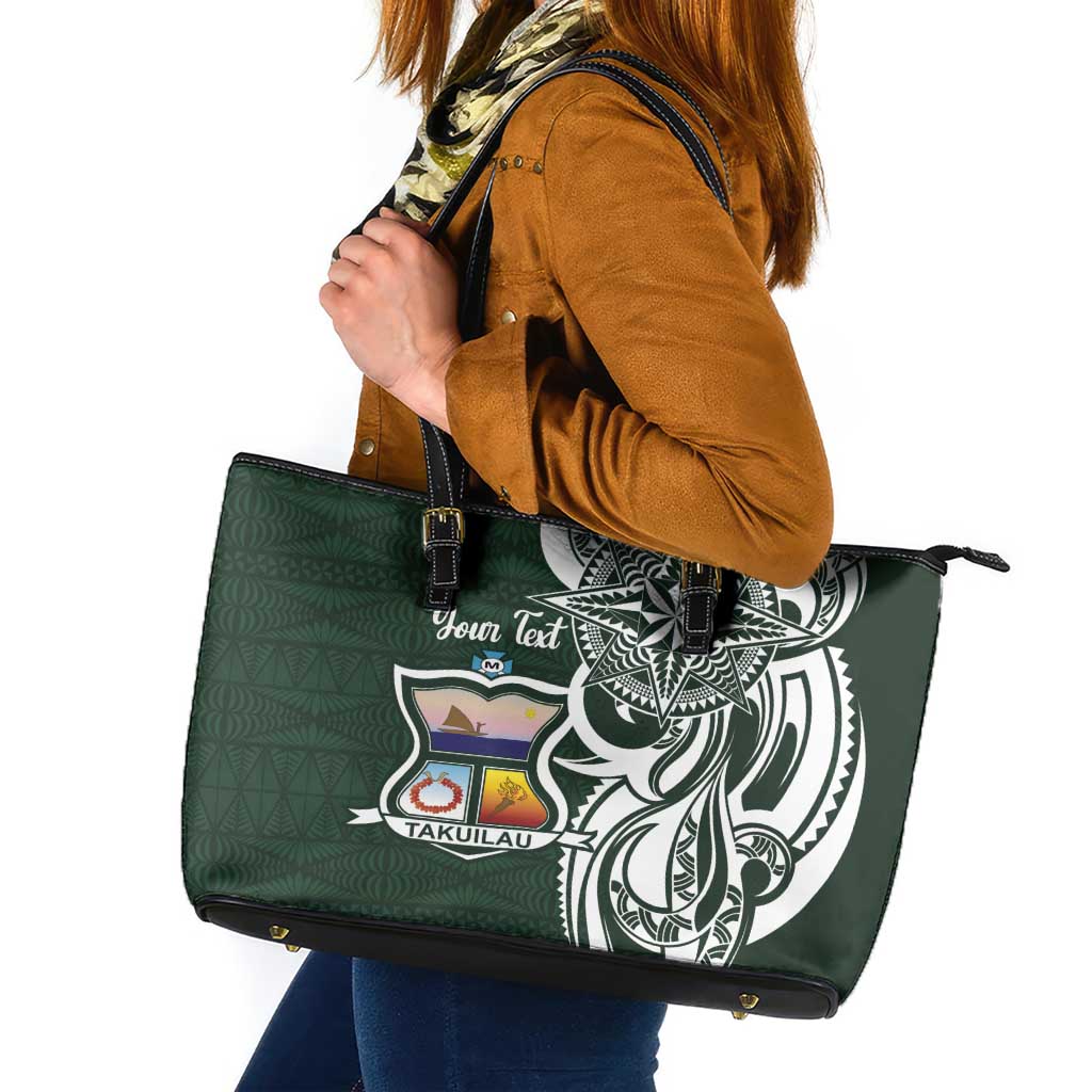 Personalised Tonga Takuilau College Leather Tote Bag Est 1975 Tongan Ngatu Pattern LT14 Green - Polynesian Pride