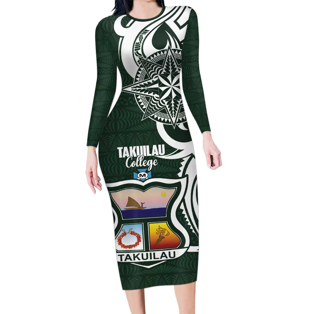 Personalised Tonga Takuilau College Long Sleeve Bodycon Dress Est 1975 Tongan Ngatu Pattern LT14 Long Dress Green - Polynesian Pride