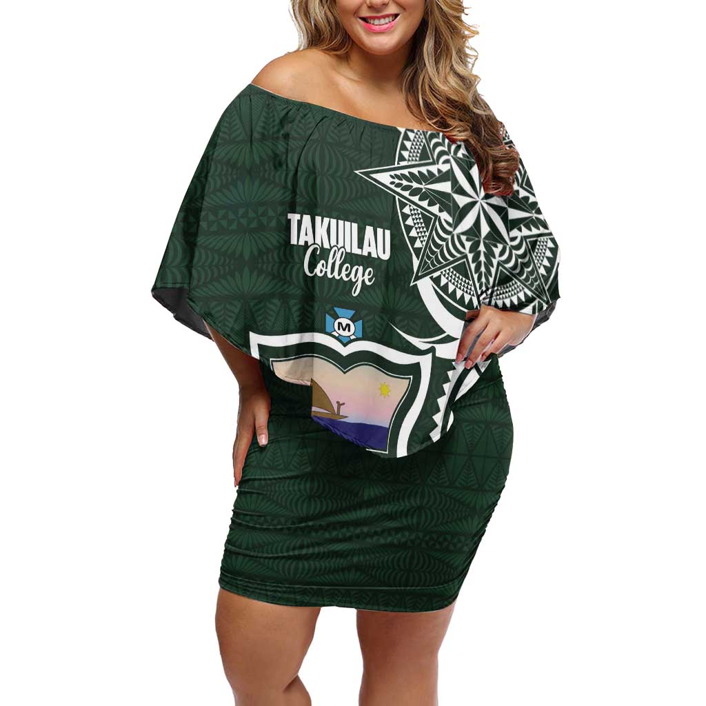 Personalised Tonga Takuilau College Off Shoulder Short Dress Est 1975 Tongan Ngatu Pattern LT14 Women Green - Polynesian Pride