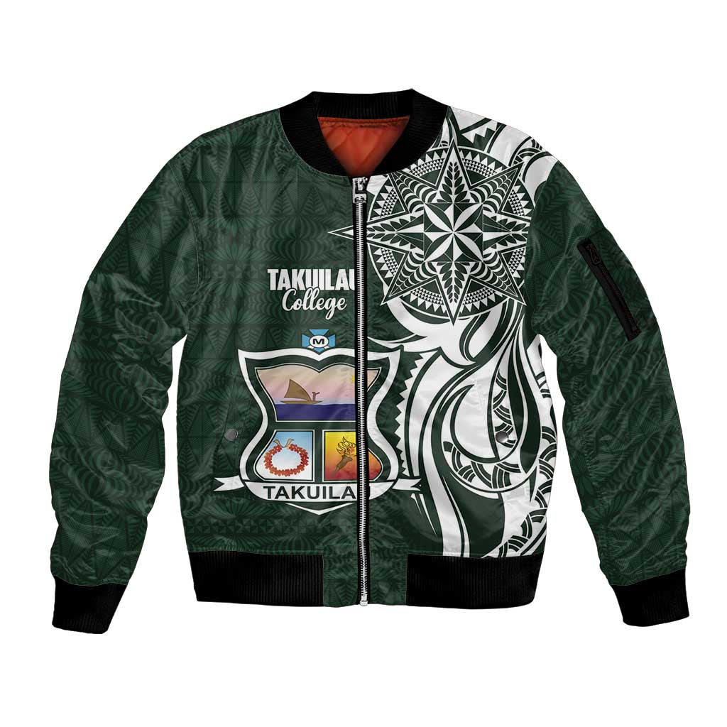 Personalised Tonga Takuilau College Sleeve Zip Bomber Jacket Est 1975 Tongan Ngatu Pattern LT14 Unisex Green - Polynesian Pride