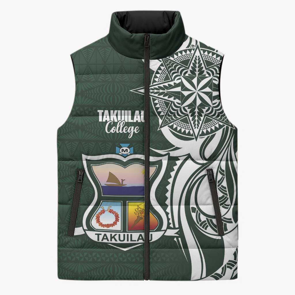 Personalised Tonga Takuilau College Sleeveless Puffer Jacket Est 1975 Tongan Ngatu Pattern LT14 Unisex Green - Polynesian Pride