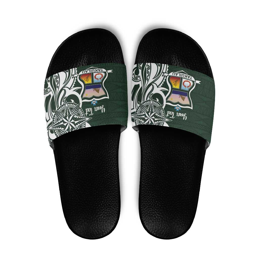 Personalised Tonga Takuilau College Slide Sandals Est 1975 Tongan Ngatu Pattern LT14 Green - Polynesian Pride