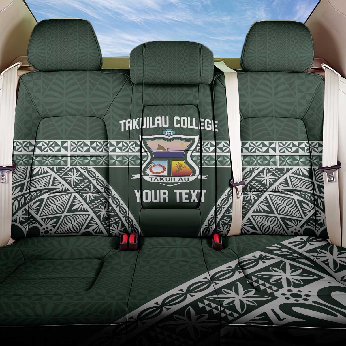 Personalised Tonga Takuilau College Back Car Seat Cover 50th Anniversary Ngatu Kupesi LT14 One Size Green - Polynesian Pride