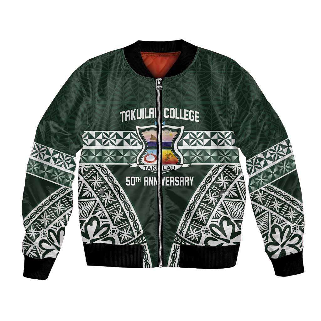 Personalised Tonga Takuilau College Bomber Jacket 50th Anniversary Ngatu Kupesi LT14 Unisex Green - Polynesian Pride