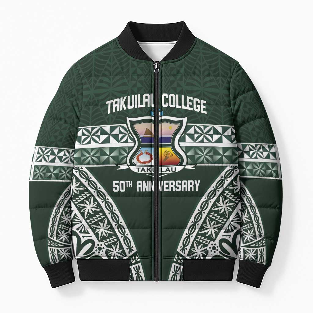 Personalised Tonga Takuilau College Bomber Puffer Jacket 50th Anniversary Ngatu Kupesi LT14 Unisex Green - Polynesian Pride