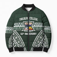 Personalised Tonga Takuilau College Bomber Puffer Jacket 50th Anniversary Ngatu Kupesi LT14 Unisex Green - Polynesian Pride