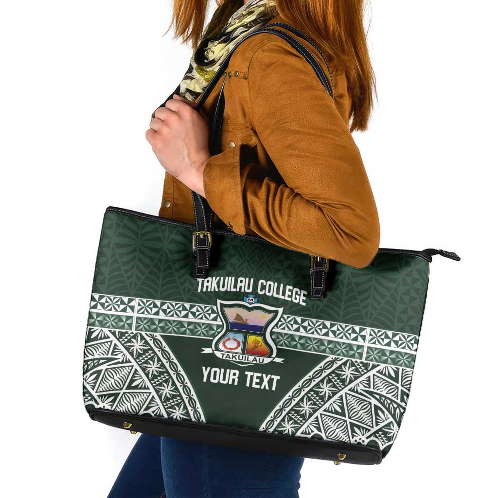 Personalised Tonga Takuilau College Leather Tote Bag 50th Anniversary Ngatu Kupesi LT14 Green - Polynesian Pride