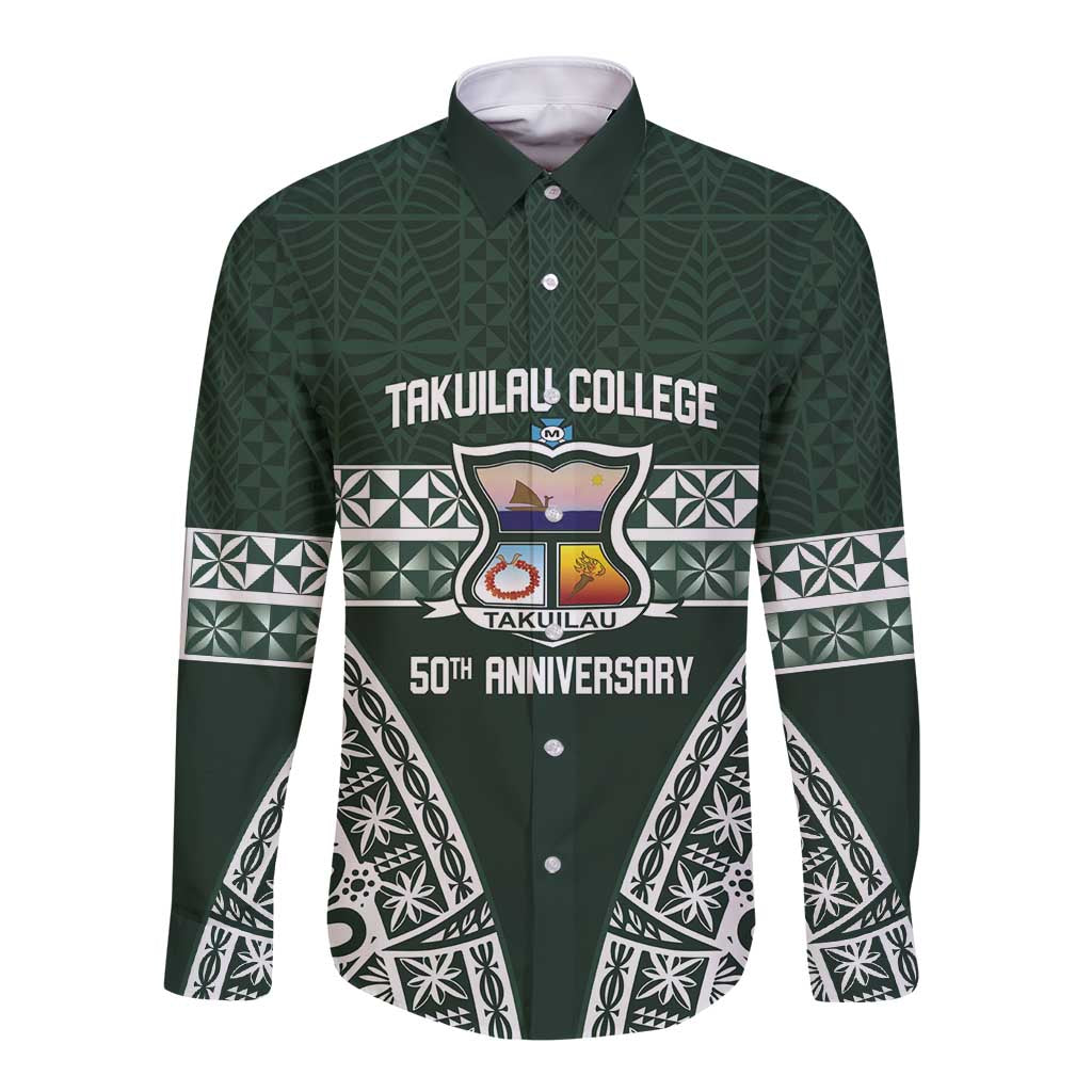 Personalised Tonga Takuilau College Long Sleeve Button Shirt 50th Anniversary Ngatu Kupesi LT14 Unisex Green - Polynesian Pride
