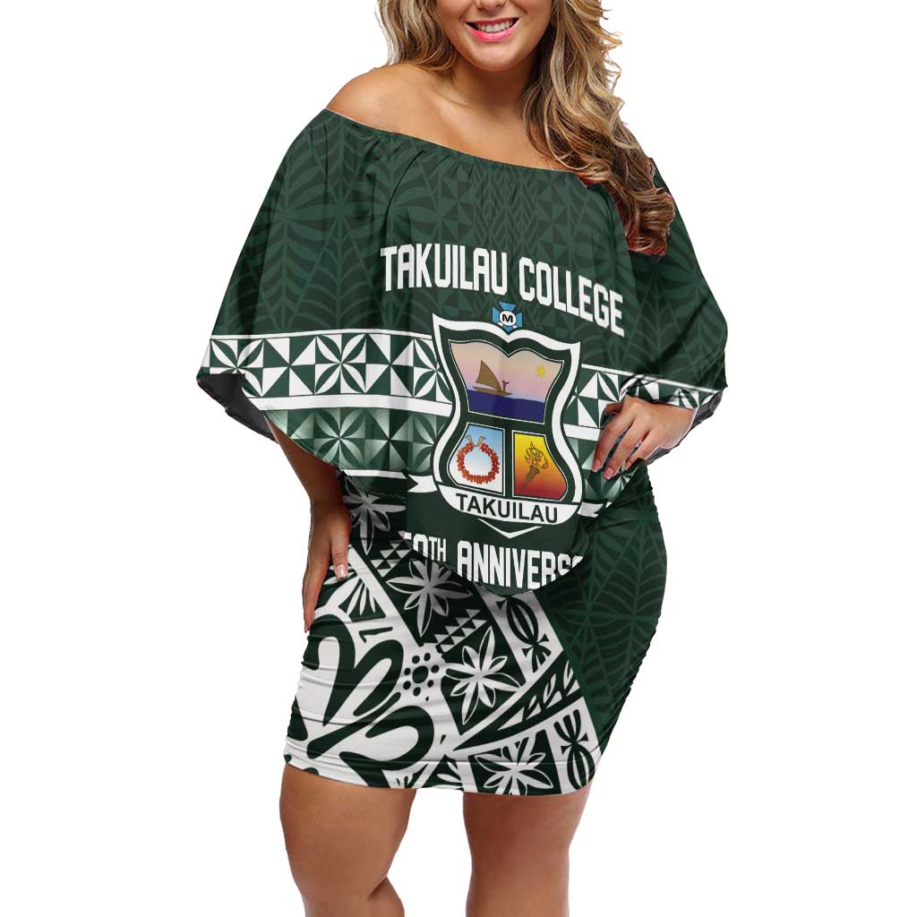 Personalised Tonga Takuilau College Off Shoulder Short Dress 50th Anniversary Ngatu Kupesi LT14 Women Green - Polynesian Pride