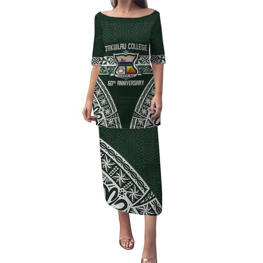 Personalised Tonga Takuilau College Puletasi 50th Anniversary Ngatu Kupesi LT14 Long Dress Green - Polynesian Pride