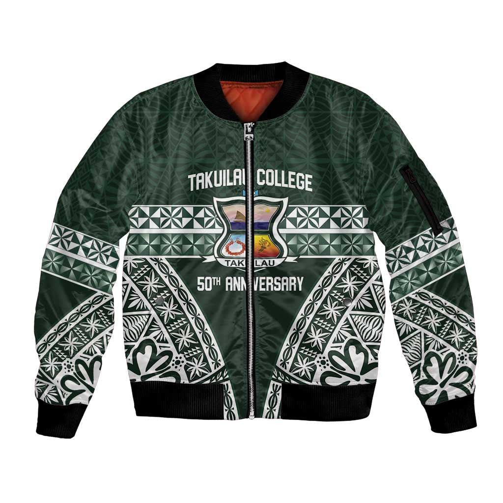 Personalised Tonga Takuilau College Sleeve Zip Bomber Jacket 50th Anniversary Ngatu Kupesi LT14 Unisex Green - Polynesian Pride