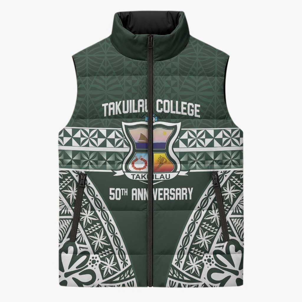 Personalised Tonga Takuilau College Sleeveless Puffer Jacket 50th Anniversary Ngatu Kupesi LT14 Unisex Green - Polynesian Pride