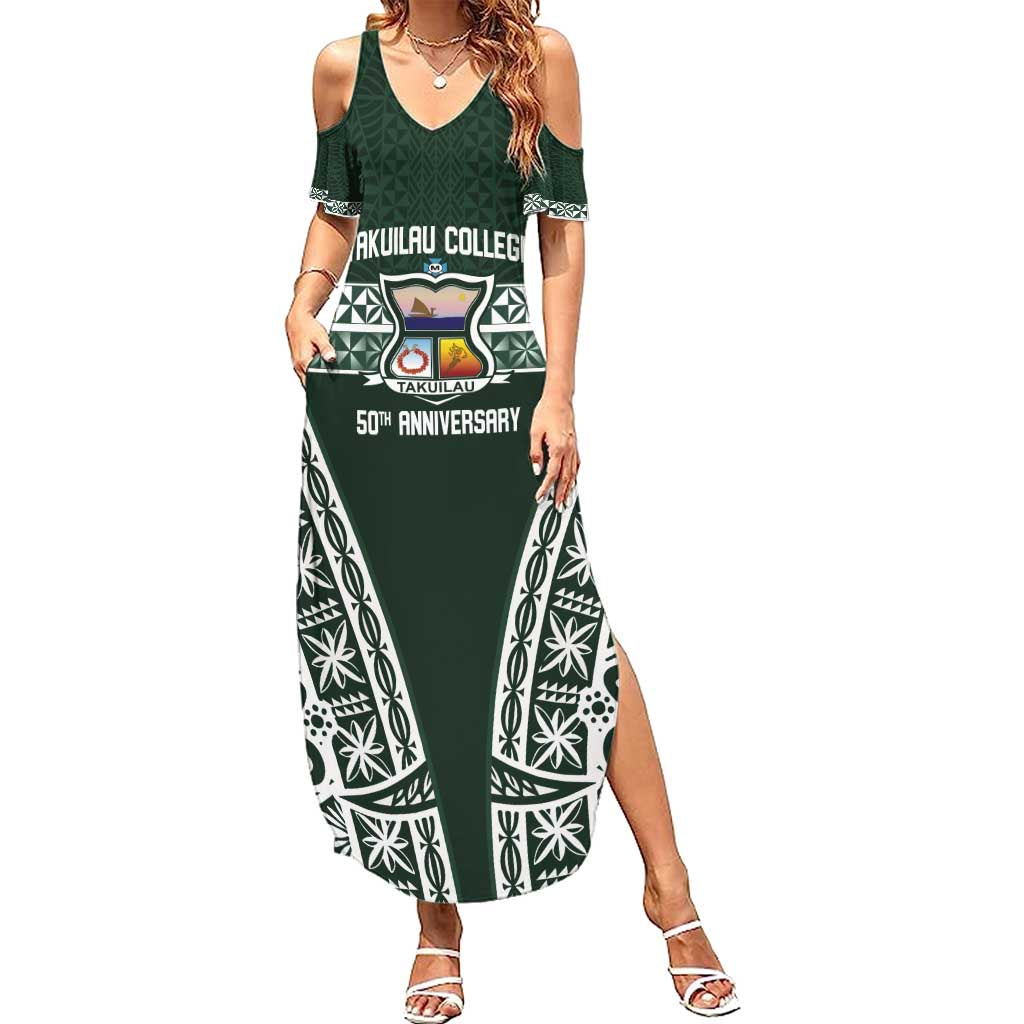 Personalised Tonga Takuilau College Summer Maxi Dress 50th Anniversary Ngatu Kupesi LT14 Women Green - Polynesian Pride