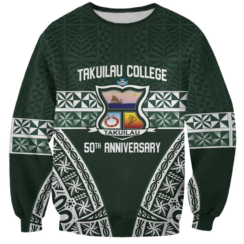 Personalised Tonga Takuilau College Sweatshirt 50th Anniversary Ngatu Kupesi LT14 Unisex Green - Polynesian Pride