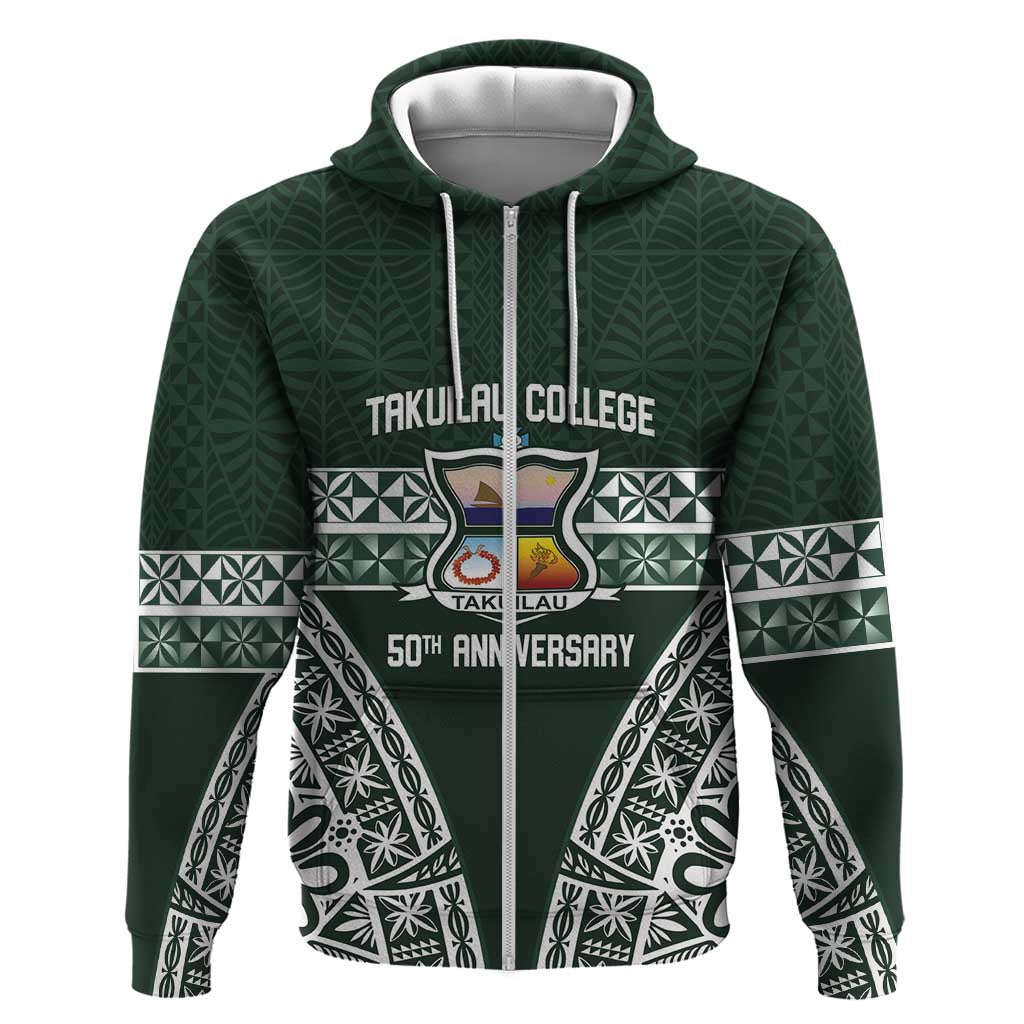 Personalised Tonga Takuilau College Zip Hoodie 50th Anniversary Ngatu Kupesi LT14 Zip Hoodie Green - Polynesian Pride