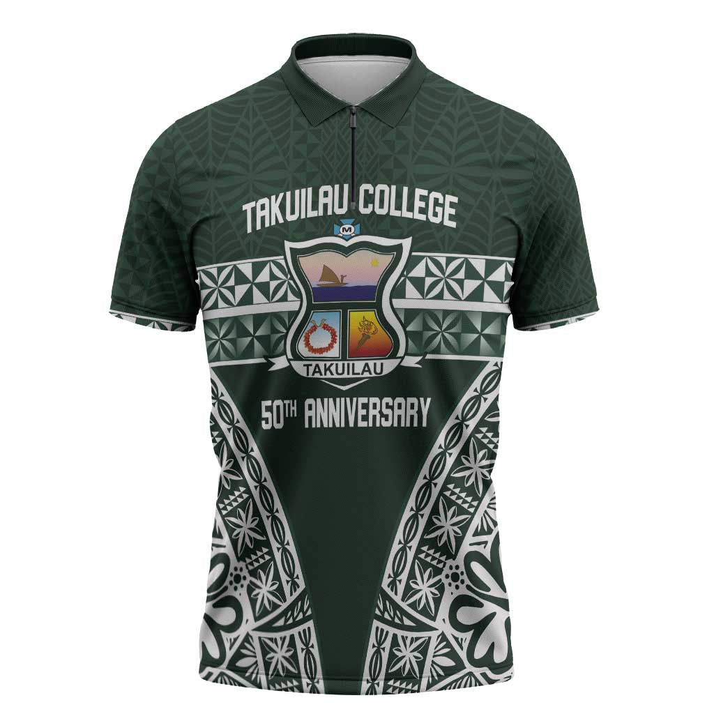 Personalised Tonga Takuilau College Zipper Polo Shirt 50th Anniversary Ngatu Kupesi LT14 Green - Polynesian Pride