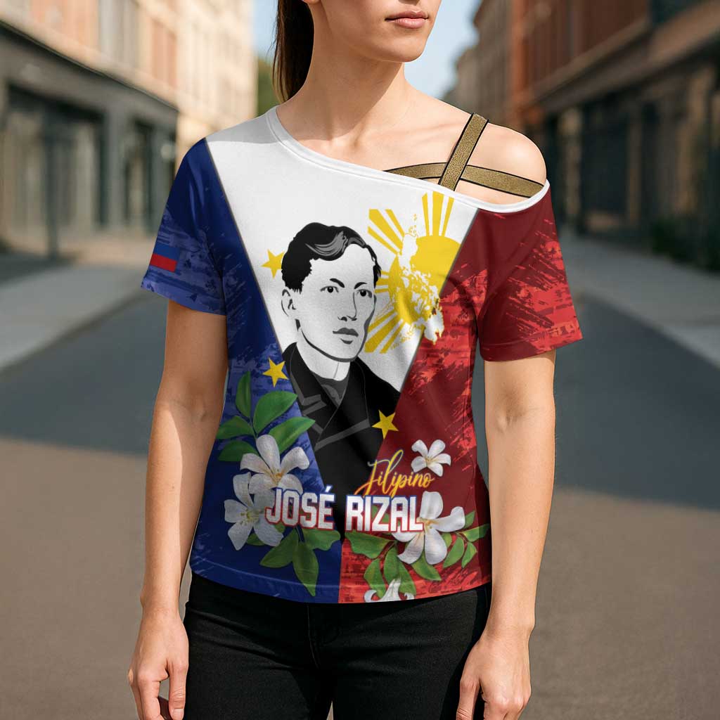 Philippines Rizal Day Cross Shoulder Shirt Filipino Sampaguita Grunge Style LT14 - Polynesian Pride