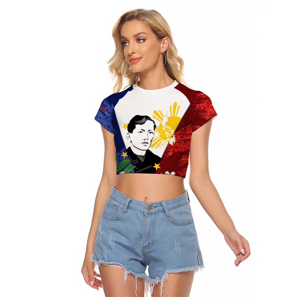 Philippines Rizal Day Raglan Cropped T Shirt Filipino Sampaguita Grunge Style LT14 Female Blue - Polynesian Pride