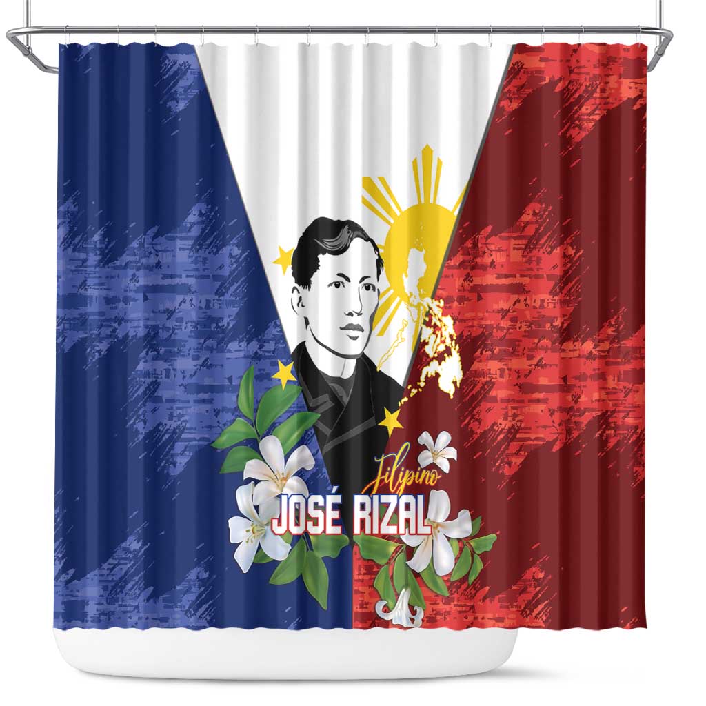 Philippines Rizal Day Shower Curtain Filipino Sampaguita Grunge Style LT14 Blue - Polynesian Pride