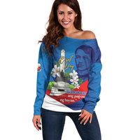 Philippines Rizal Day Off Shoulder Sweater Filipino Motto Stella Polynesian Pattern LT14 Women Blue - Polynesian Pride