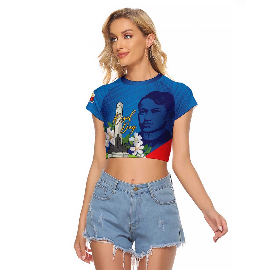 Philippines Rizal Day Raglan Cropped T Shirt Filipino Motto Stella Polynesian Pattern LT14 Female Blue - Polynesian Pride