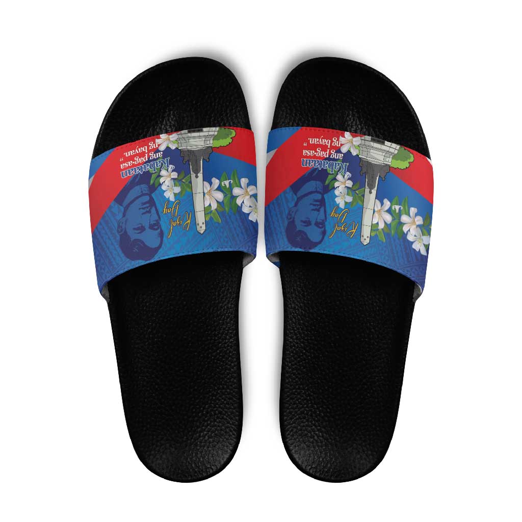Philippines Rizal Day Slide Sandals Filipino Motto Stella Polynesian Pattern LT14 Blue - Polynesian Pride