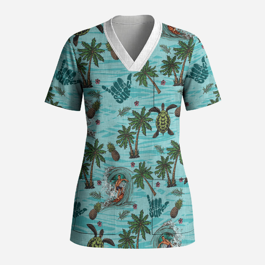 Aloha Hawaii Surfing Tropical Seamless Scrub Top LT14 Adult Cyan - Polynesian Pride