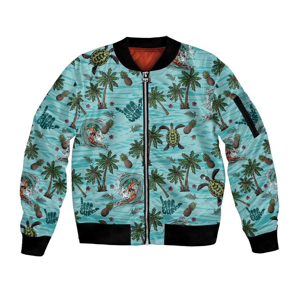 Aloha Hawaii Surfing Tropical Seamless Sleeve Zip Bomber Jacket LT14 Unisex Cyan - Polynesian Pride