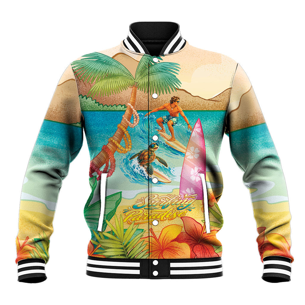 Surfing Paradise Hawaii Baseball Jacket Tropical Flowers Beachy Vibes LT14 Unisex Multicolor - Polynesian Pride