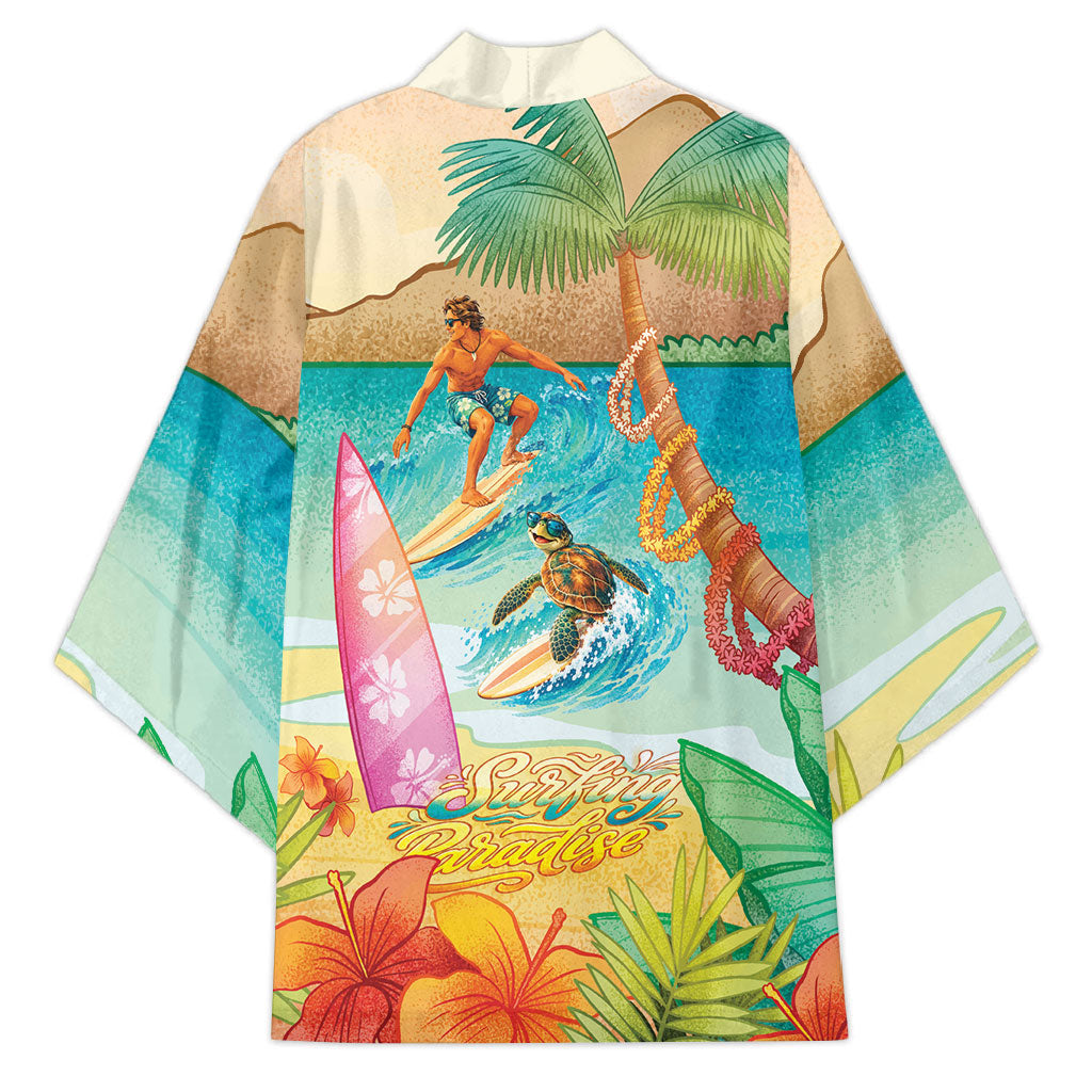 Surfing Paradise Hawaii Kimono Tropical Flowers Beachy Vibes LT14 - Polynesian Pride