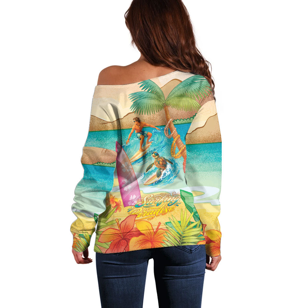 Surfing Paradise Hawaii Off Shoulder Sweater Tropical Flowers Beachy Vibes LT14 - Polynesian Pride
