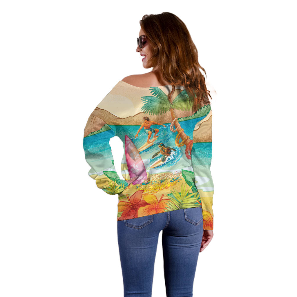 Surfing Paradise Hawaii Off Shoulder Sweater Tropical Flowers Beachy Vibes LT14 - Polynesian Pride