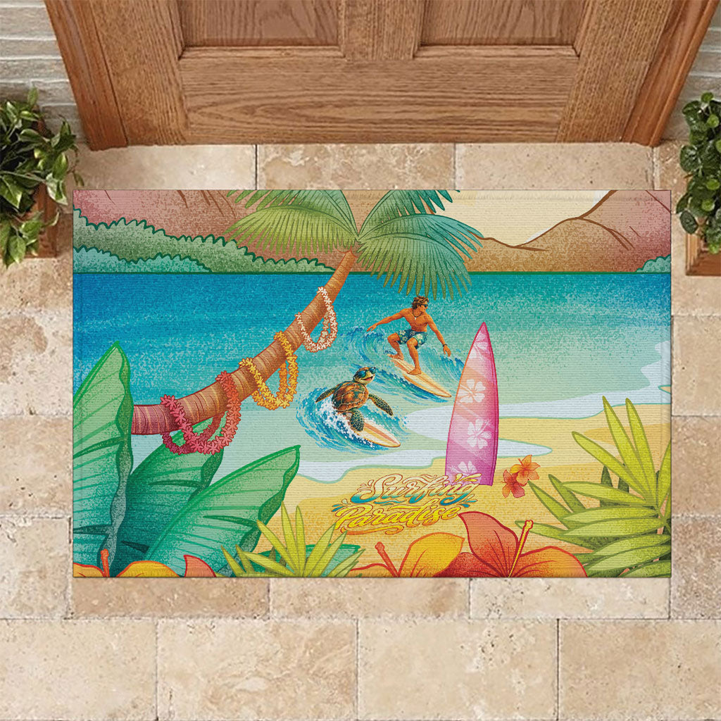 Surfing Paradise Hawaii Rubber Doormat Tropical Flowers Beachy Vibes LT14 Multicolor - Polynesian Pride