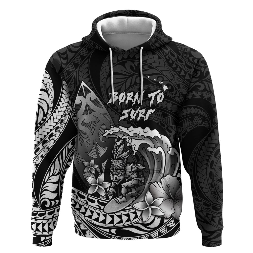 Hawaii Surfing Personalized Hoodie Born To Surf Tiki Hawaiian Pattern LT14 Pullover Hoodie Black - Polynesian Pride