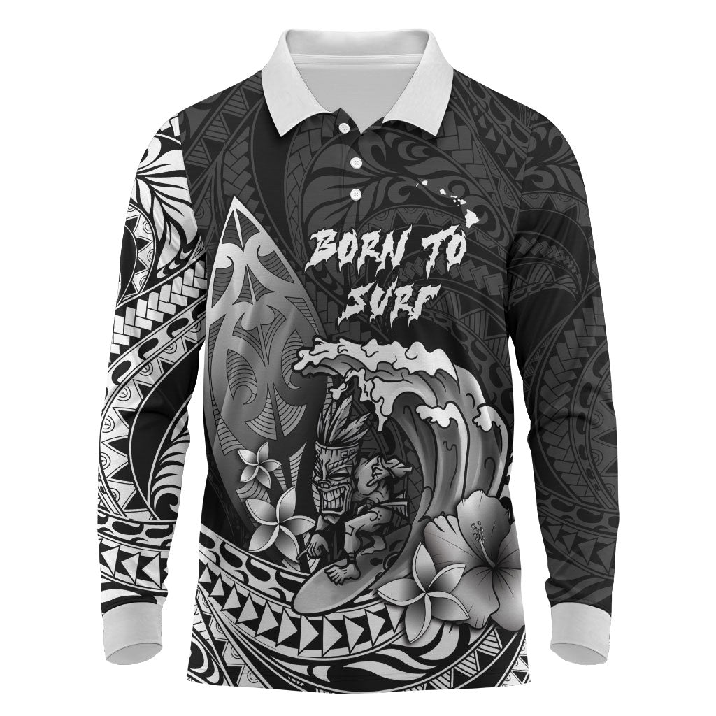 Hawaii Surfing Personalized Long Sleeve Polo Shirt Born To Surf Tiki Hawaiian Pattern LT14 Black - Polynesian Pride
