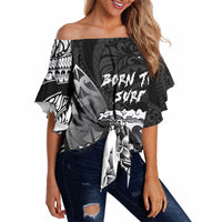 Hawaii Surfing Personalized Off Shoulder Wrap Waist Top Born To Surf Tiki Hawaiian Pattern LT14 Black - Polynesian Pride