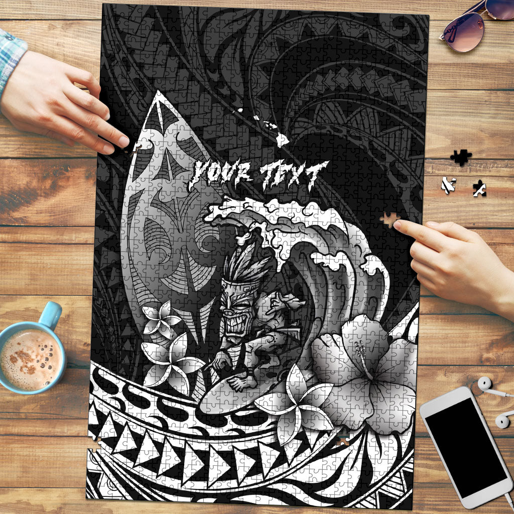 Hawaii Surfing Personalized Puzzle Born To Surf Tiki Hawaiian Pattern LT14 Black - Polynesian Pride