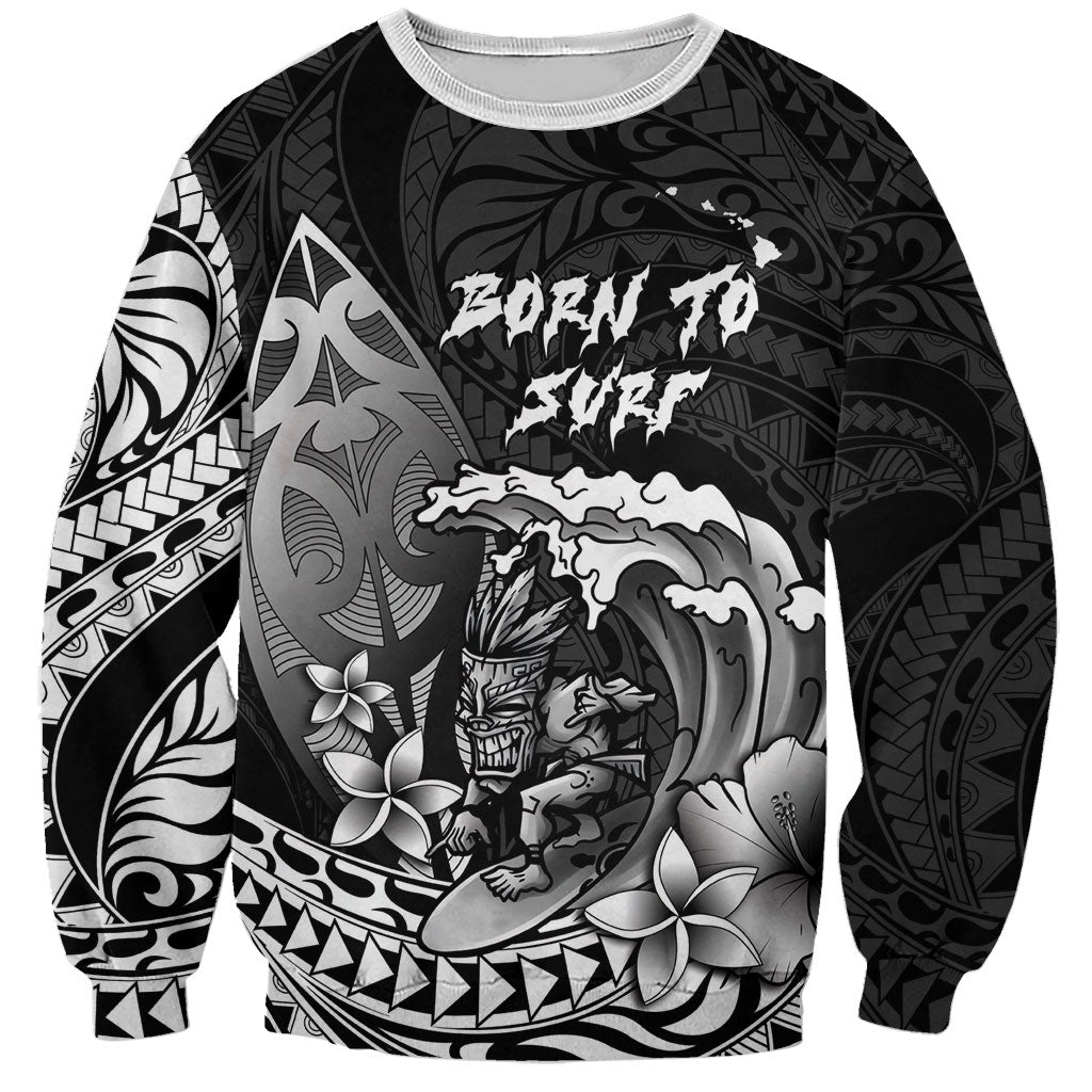 Hawaii Surfing Personalized Sweatshirt Born To Surf Tiki Hawaiian Pattern LT14 Unisex Black - Polynesian Pride