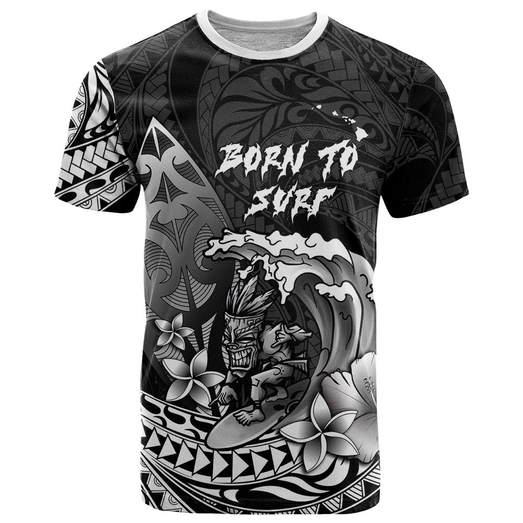 Hawaii Surfing Personalized T Shirt Born To Surf Tiki Hawaiian Pattern LT14 Black - Polynesian Pride