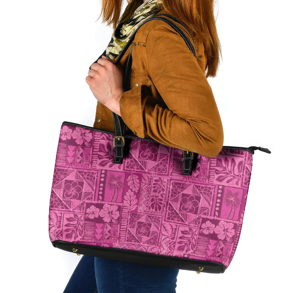 Hawaii Rainforest Beach Tropical Flowers Leather Tote Bag LT14 Pink - Polynesian Pride