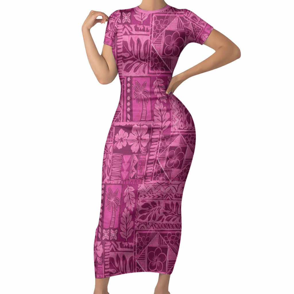 Hawaii Rainforest Beach Tropical Flowers Short Sleeve Bodycon Dress LT14 Long Dress Pink - Polynesian Pride