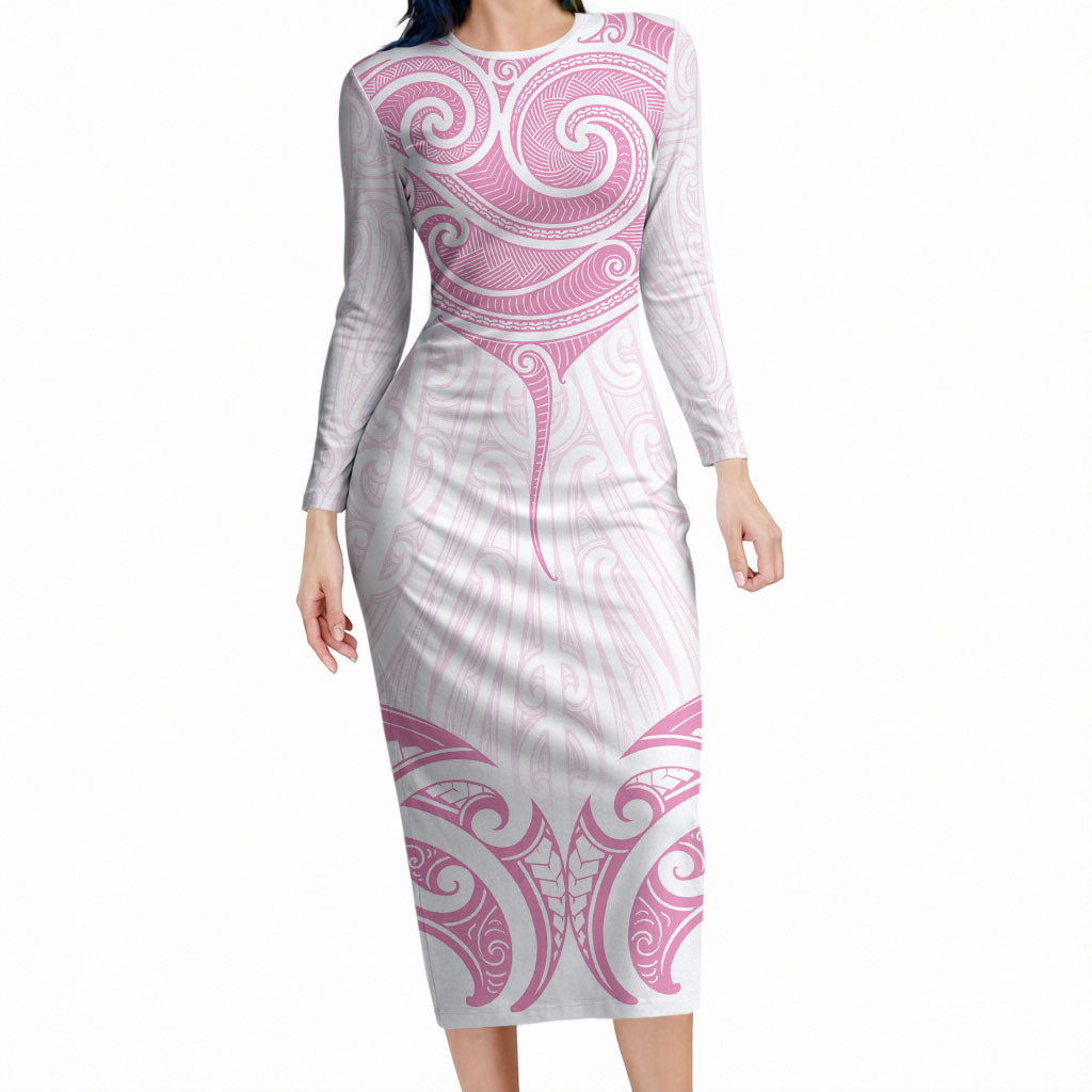 New Zealand Manta Ray Tattoo Long Sleeve Bodycon Dress Aotearoa Maori Haehae Pink LT14 Long Dress Pink - Polynesian Pride
