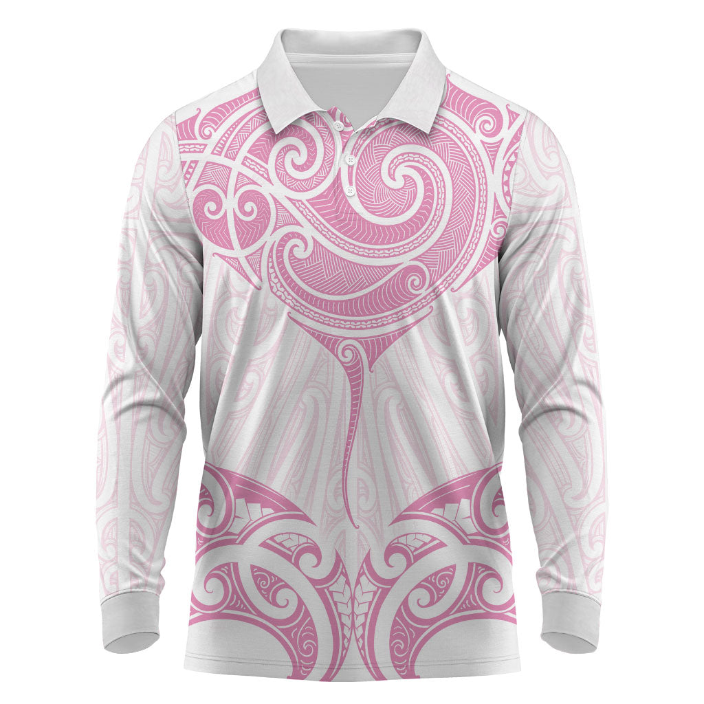 New Zealand Manta Ray Tattoo Long Sleeve Polo Shirt Aotearoa Maori Haehae Pink LT14 Pink - Polynesian Pride
