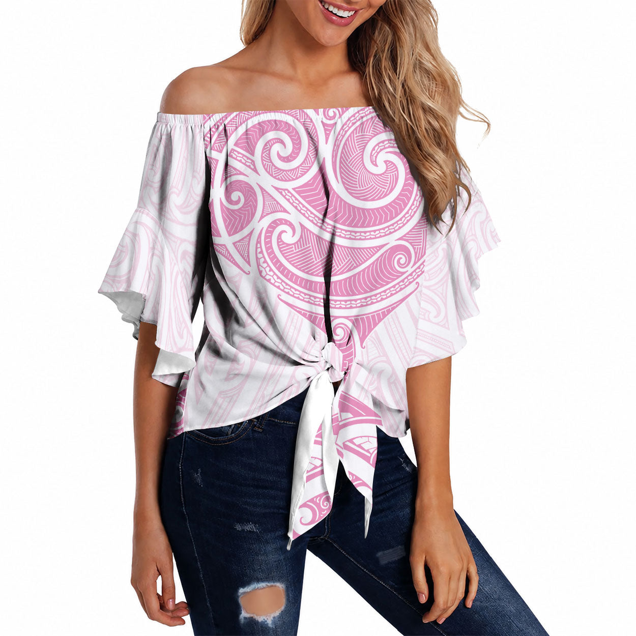 New Zealand Manta Ray Tattoo Off Shoulder Wrap Waist Top Aotearoa Maori Haehae Pink LT14 Pink - Polynesian Pride