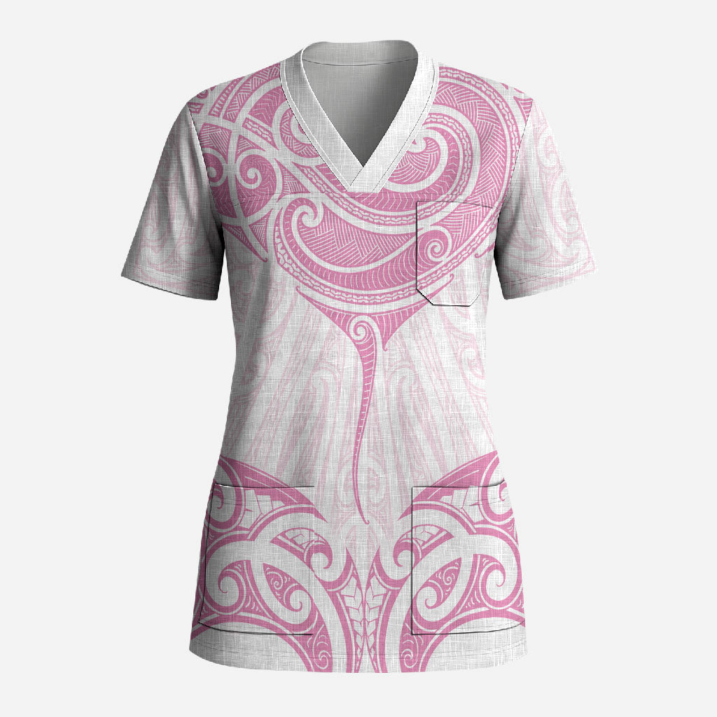 New Zealand Manta Ray Tattoo Scrub Top Aotearoa Maori Haehae Pink LT14 Adult Pink - Polynesian Pride