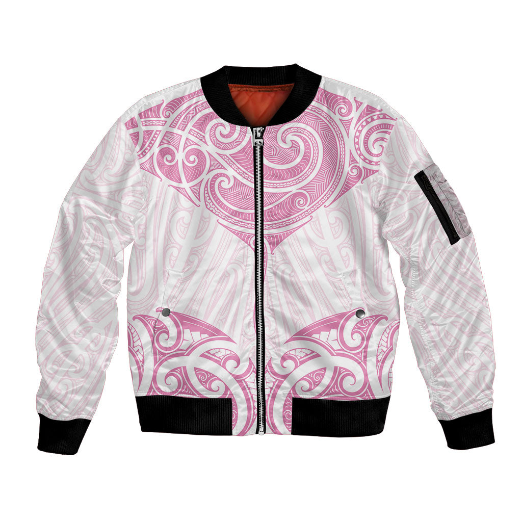 New Zealand Manta Ray Tattoo Sleeve Zip Bomber Jacket Aotearoa Maori Haehae Pink LT14 Unisex Pink - Polynesian Pride