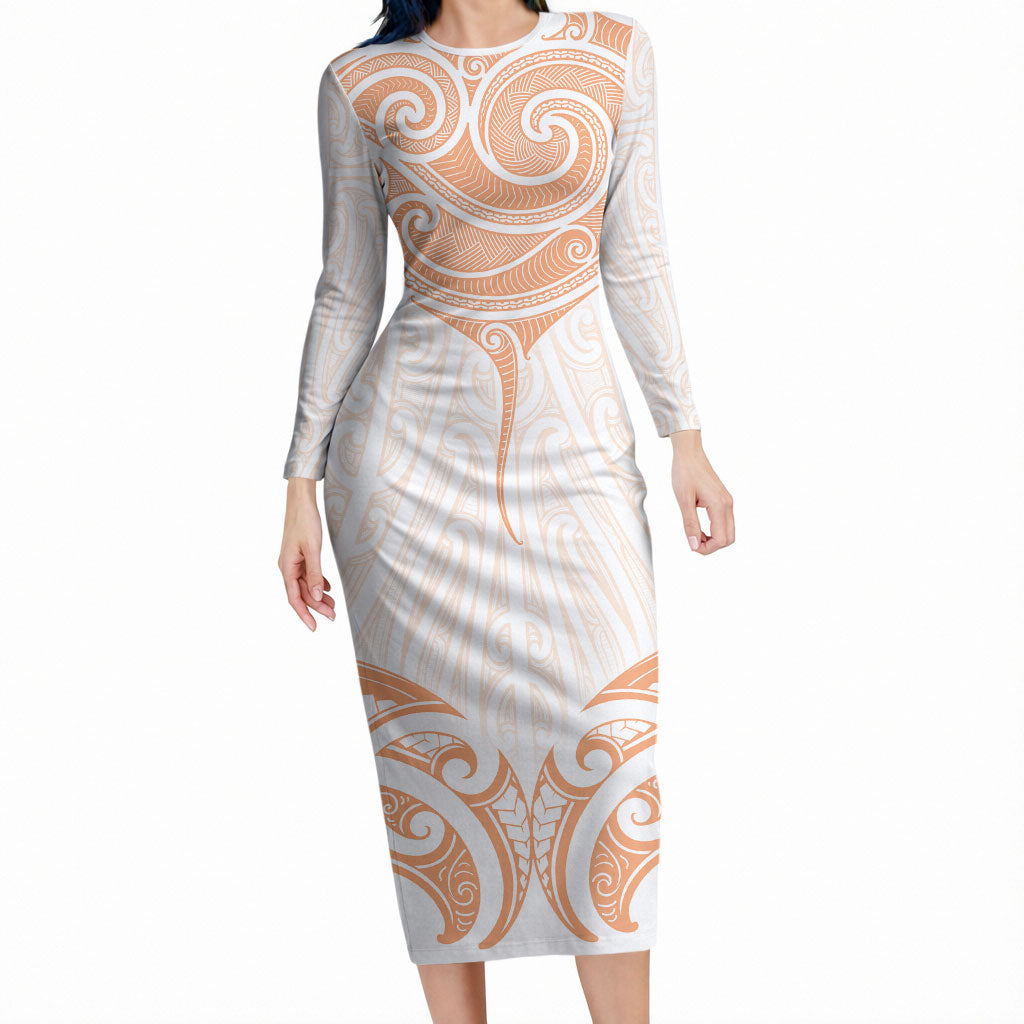 New Zealand Manta Ray Tattoo Long Sleeve Bodycon Dress Aotearoa Maori Haehae Orange LT14 Long Dress Orange - Polynesian Pride
