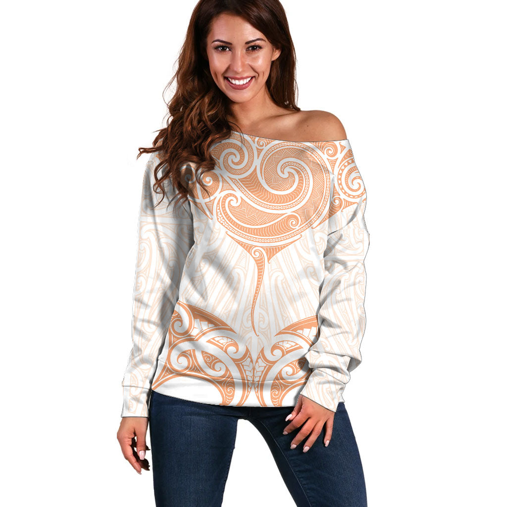 New Zealand Manta Ray Tattoo Off Shoulder Sweater Aotearoa Maori Haehae Orange LT14 Women Orange - Polynesian Pride
