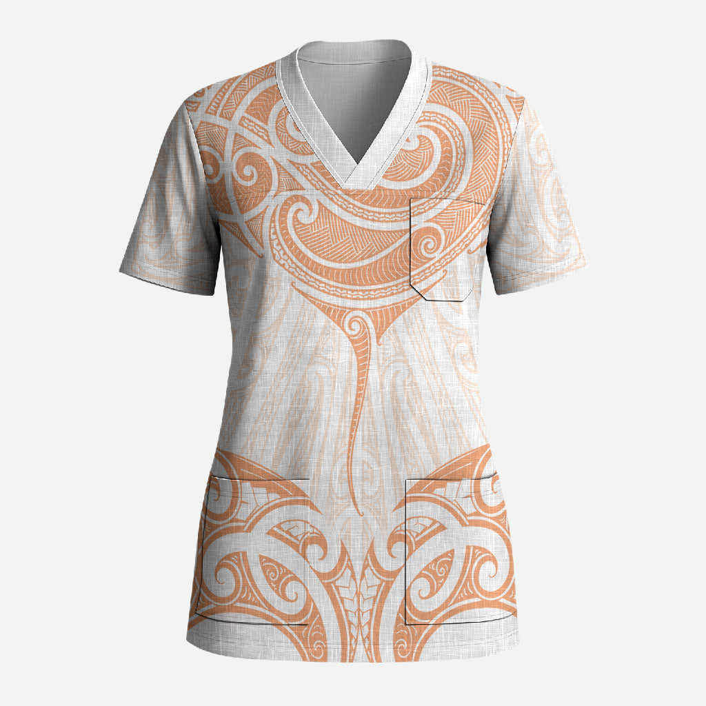 New Zealand Manta Ray Tattoo Scrub Top Aotearoa Maori Haehae Orange LT14 Adult Orange - Polynesian Pride