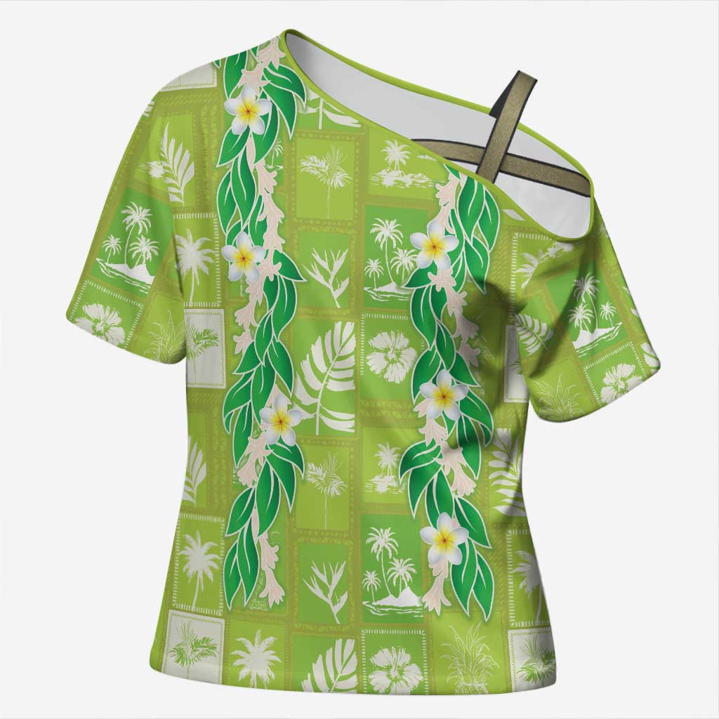 Aloha Hawaii Tuberose Lei Cross Shoulder Shirt Tropical Vibes Green Color LT14 Female Green - Polynesian Pride